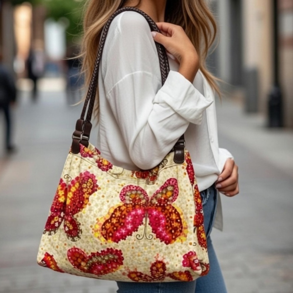 Brighton Floral Butterfly Canvas Tote Braided Brown Leather Magnetic Top Closure